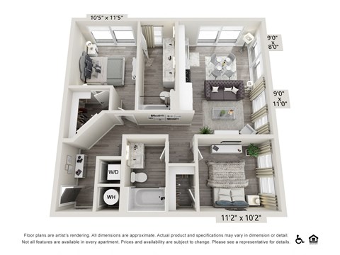 Floor plan for 2 beds, 2 baths, 985 sqft